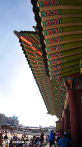 Di bawah atap di Gyeongbokgung Palace. Istana ini dibangun dengan gaya arsitektur Tiongkok kuno; budaya tradisional Tiongkok sangat banyak dihormati di Korea tetapi, ironisnya, pertunjukan budaya tradisional Tiongkok malah dibatalkan - dan itu karena Kedutaan Besar Tiongkok. (Foto oleh penari Ben Chen)
